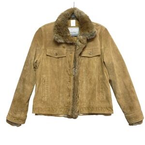 Wilsons Jacket Womens M Tan Suede Leather Fur Trim Quilted Boho Maxima